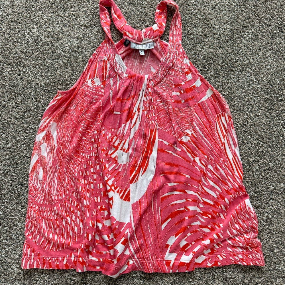 Jennifer Lopez Vibrant salmon and White Tank Top